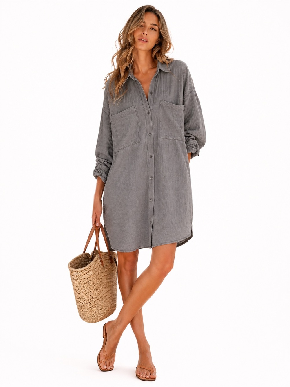 Baci Fashion Italy Gray Gauze Cotton Shirt Dress Oversized Western Yoke Size S